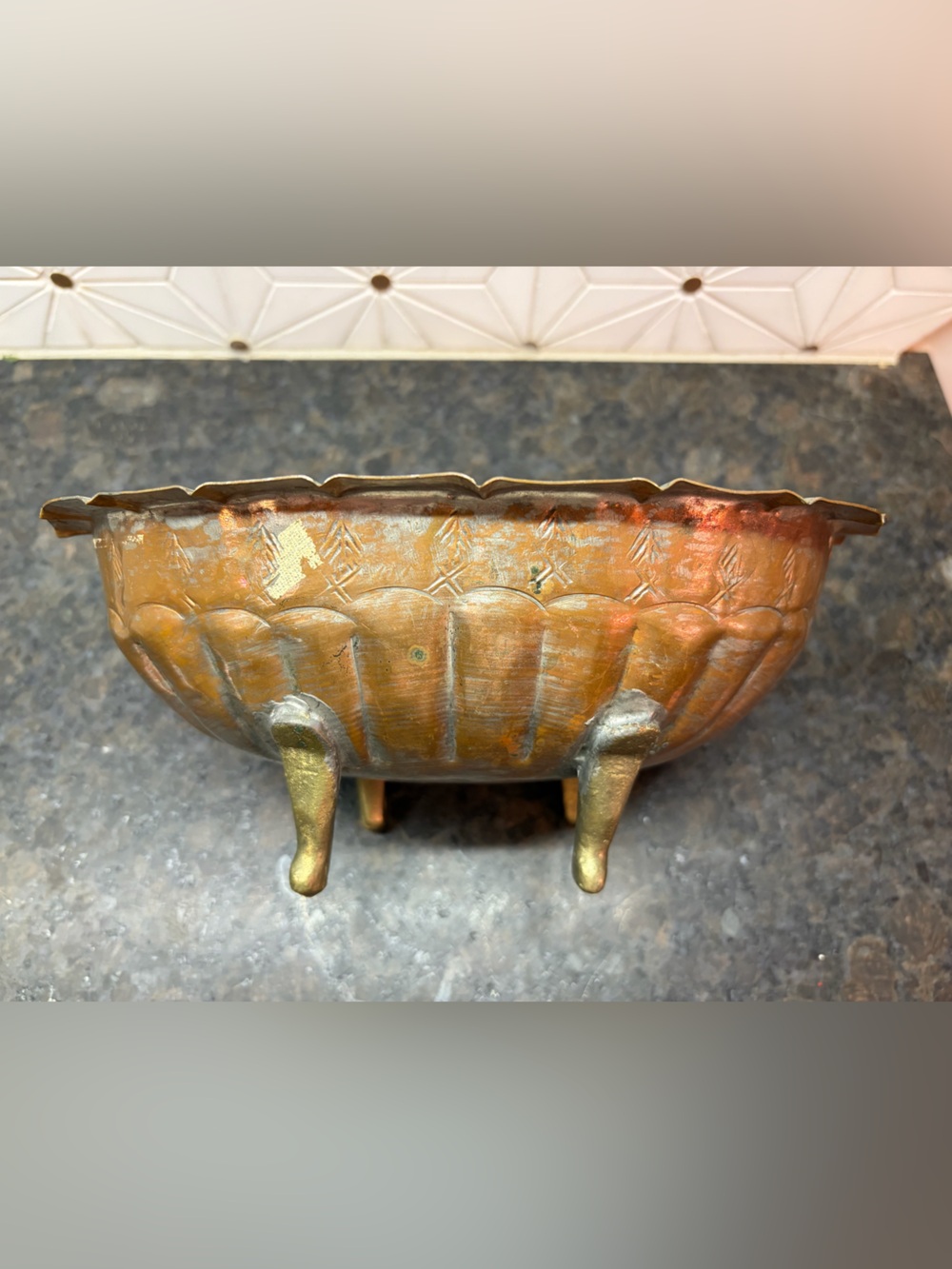 Vintage Brass Footed Jardiniere Planter Oval Repousse Scalloped Rim 9”